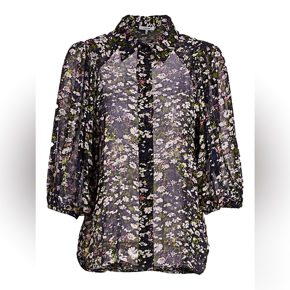 Ganni Floral Sheer Blouse - Black and White